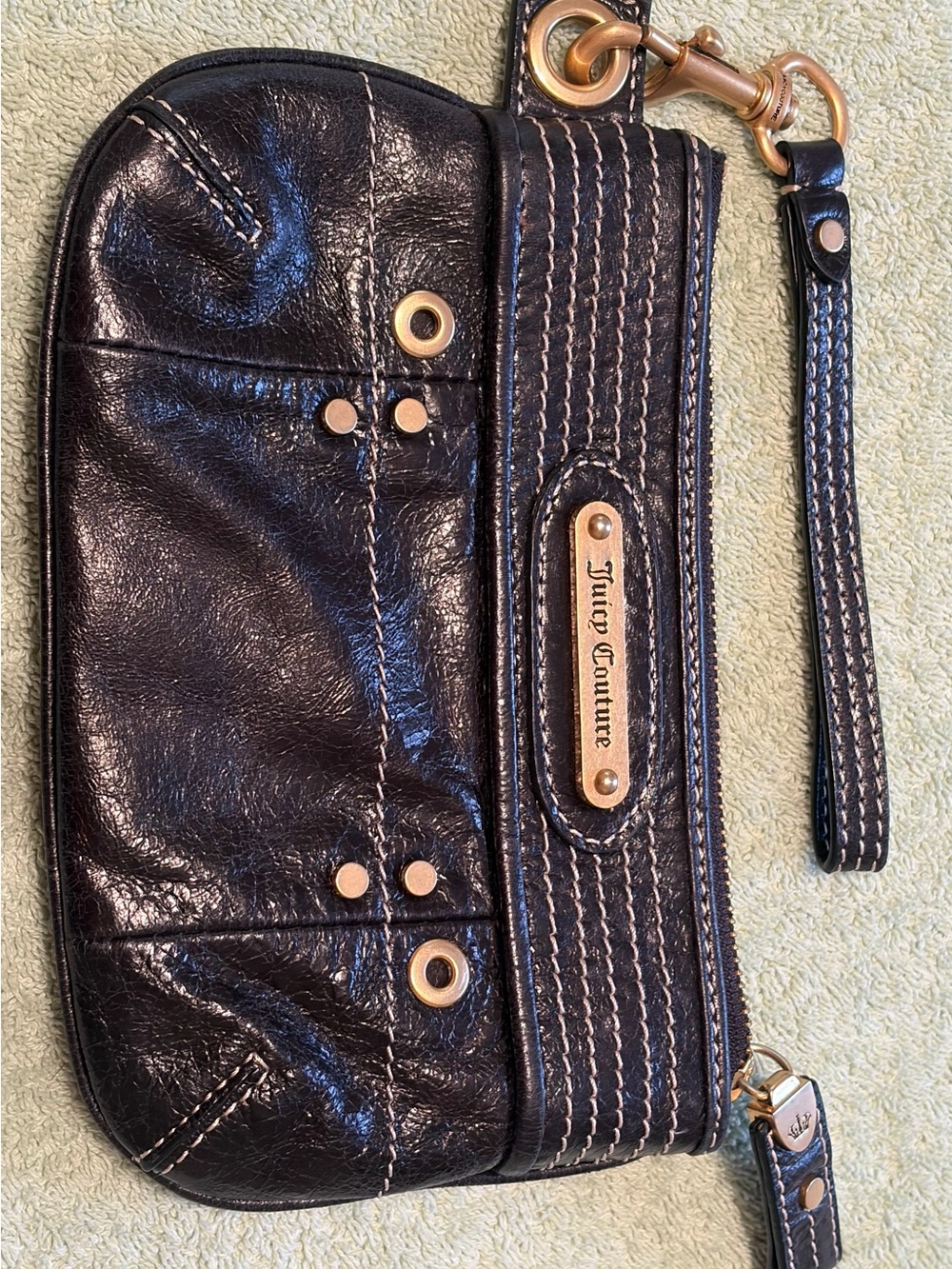 Juicy Couture Black Leather Wristlet Gold Hardware Zip Pouch Clutch